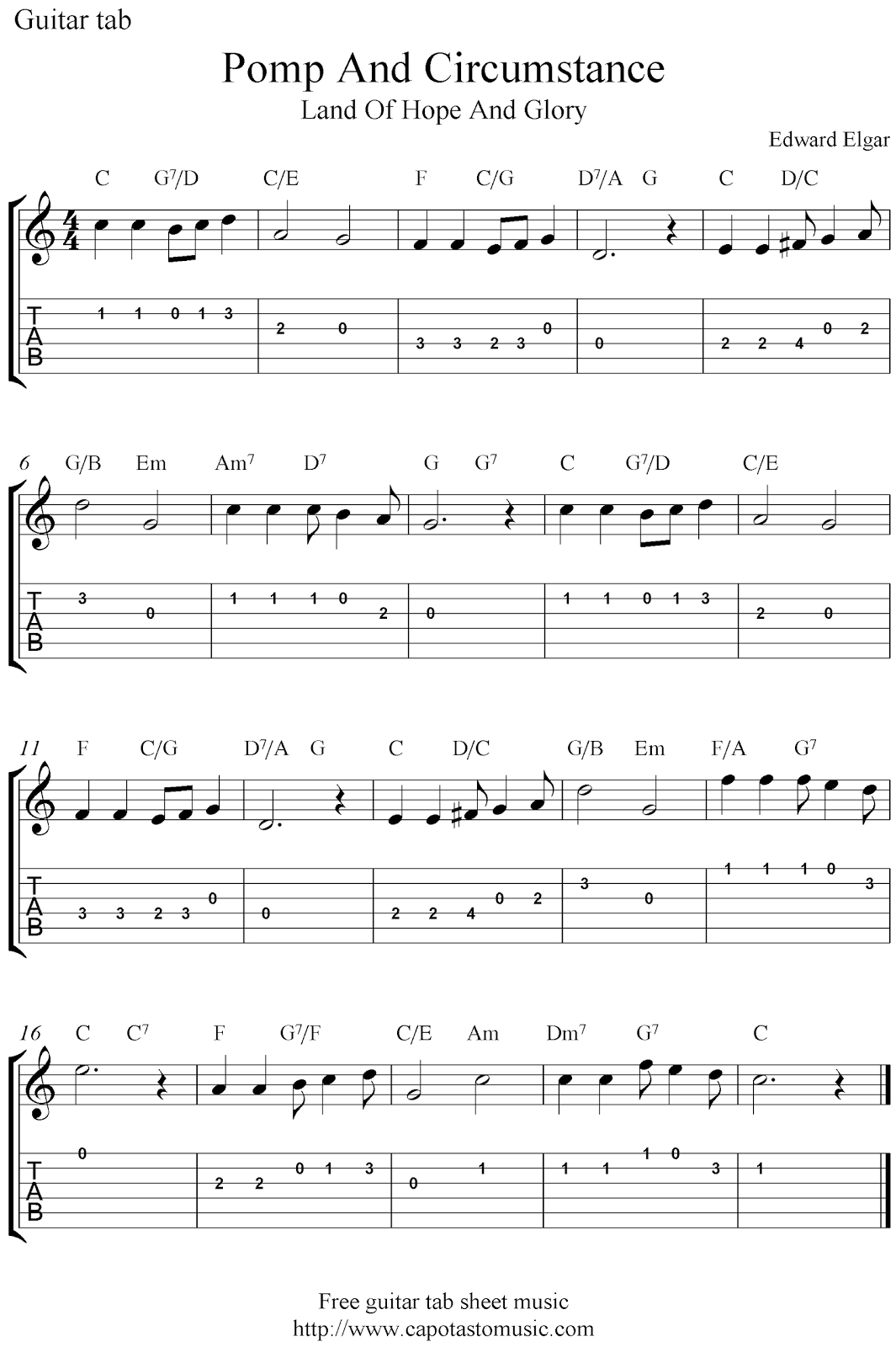 Free Easy Guitar Tablature Sheet Music Score, Land Of Hope And Glory - Free Printable Sheet Music Pomp And Circumstance
