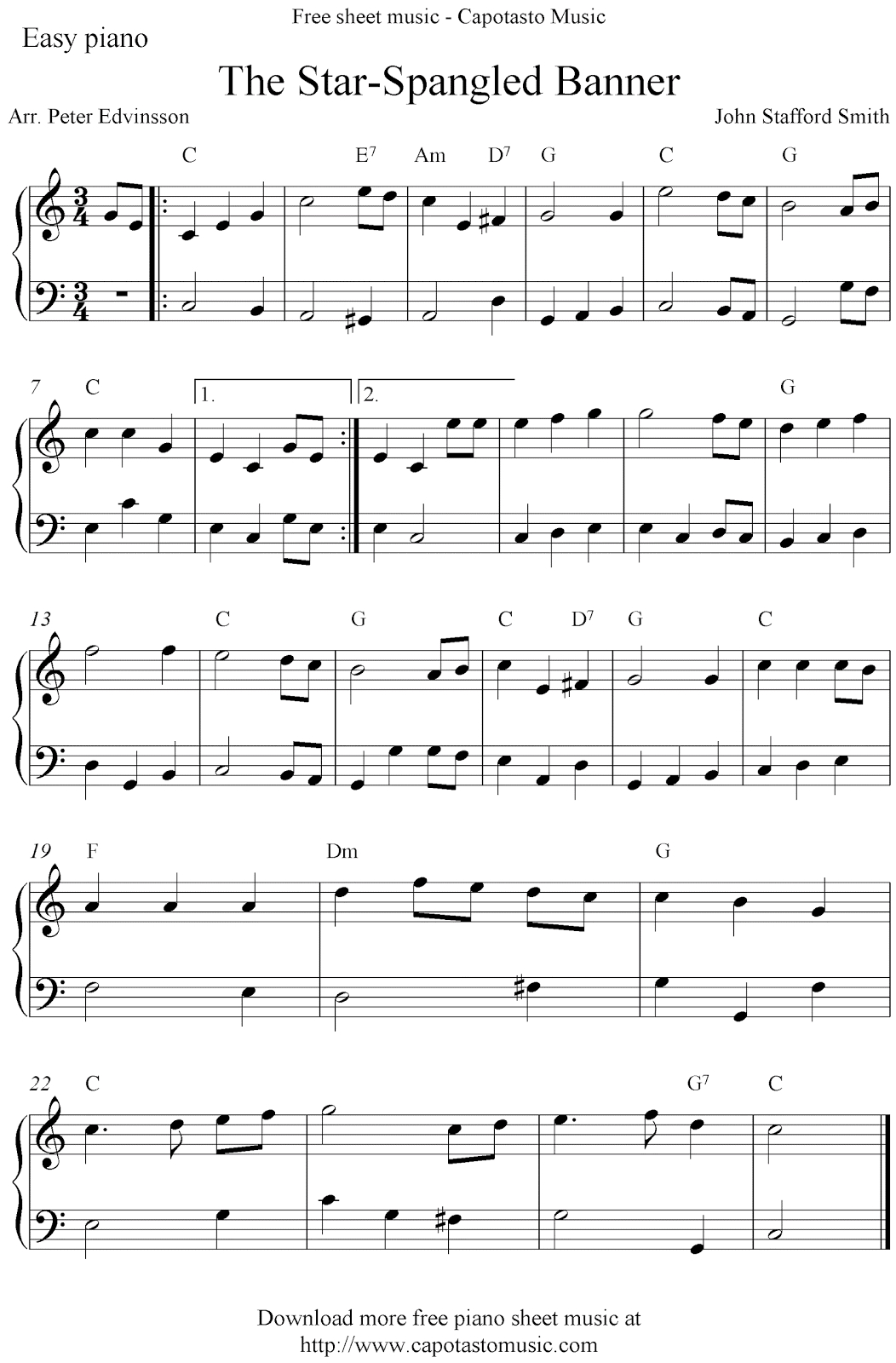 Free Easy Piano Sheet Music Score, The Star-Spangled Banner - Free Printable Piano Sheet Music For The Star Spangled Banner