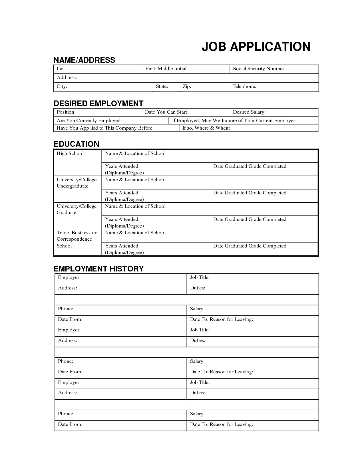 Free Employment Application Form Template Free Job Application - Free Printable Job Application Form Pdf