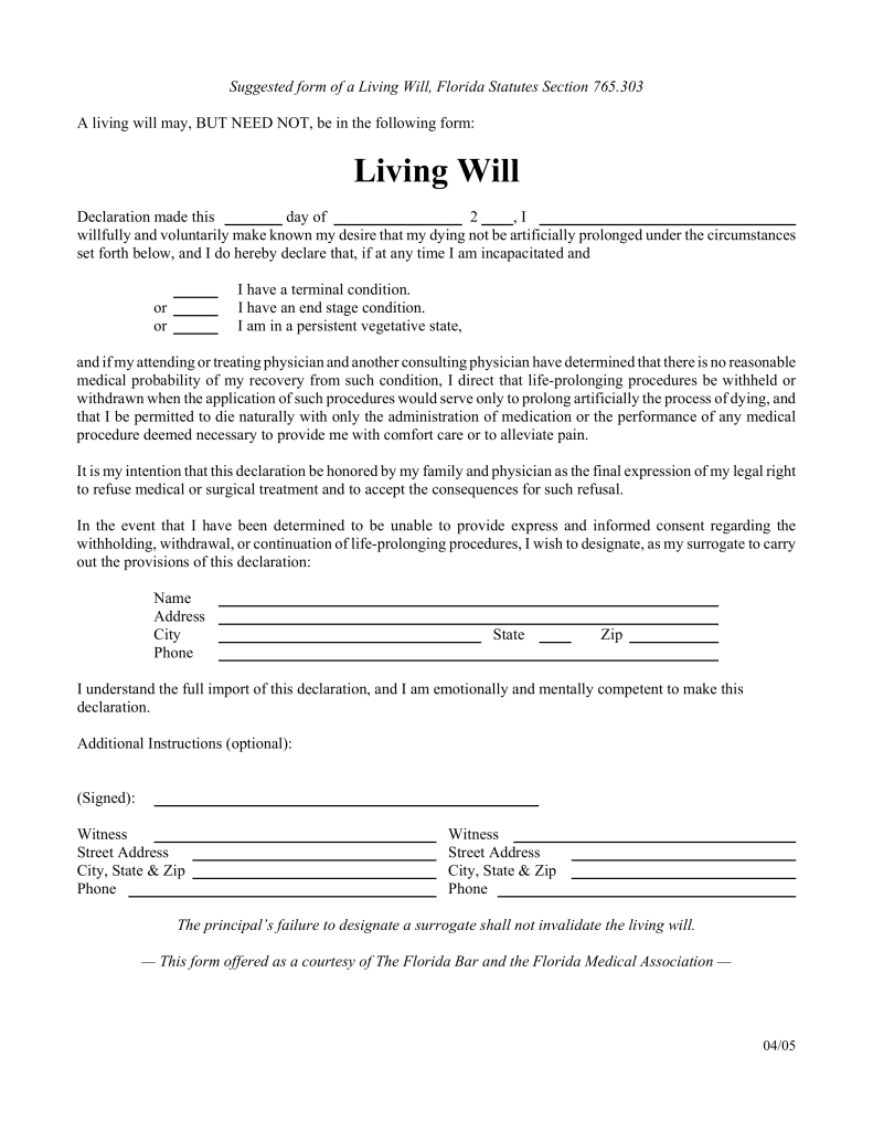Free Florida Living Will Form - Pdf | Eforms – Free Fillable Forms - Free Printable Florida Last Will And Testament Form