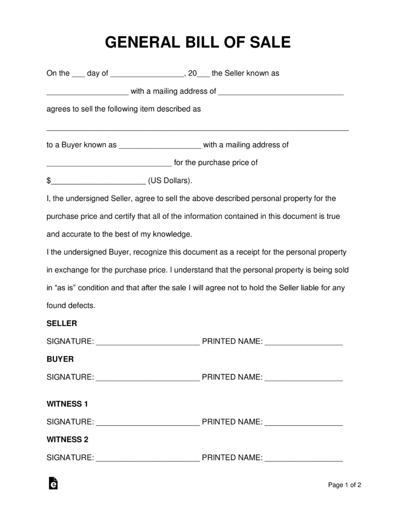 Free General (Personal Property) Bill Of Sale Form - Word | Pdf - Free Printable Bill Of Sale Form