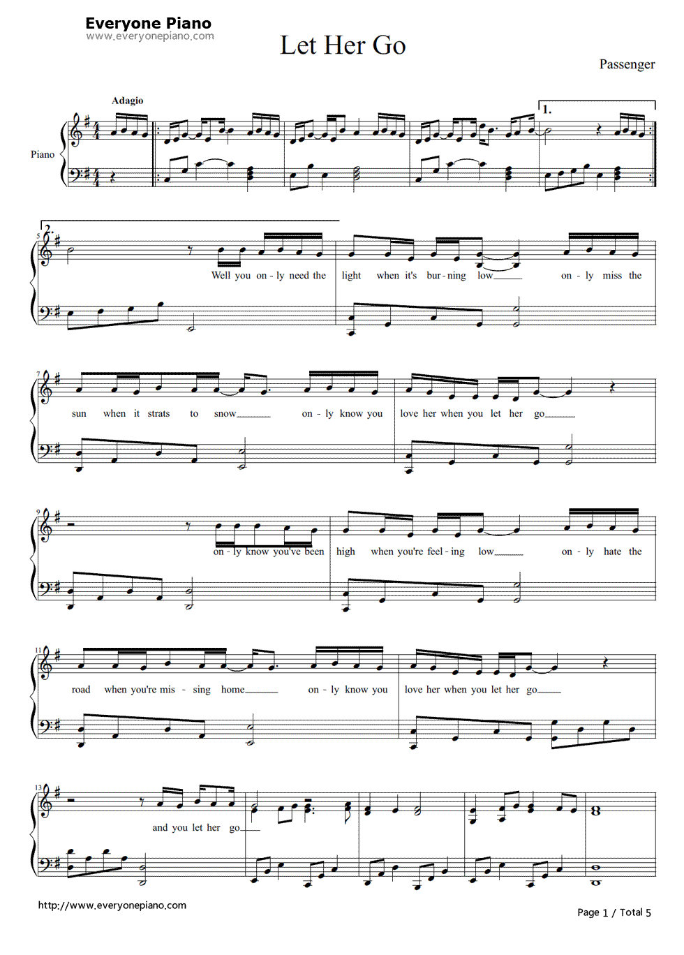 Free Let Her Go-Passenger（Mike Rosenberg） Sheet Music Preview 1 - Let It Go Violin Sheet Music Free Printable