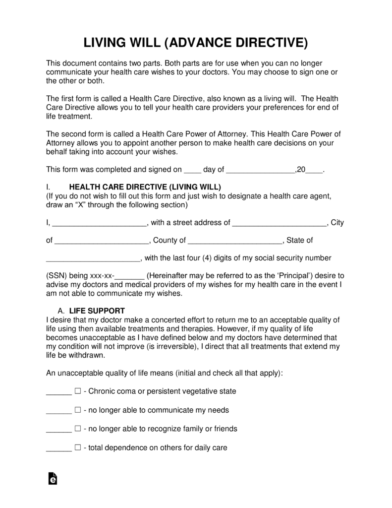 Free Living Will Forms (Advance Directive) | Medical Poa - Pdf - Free Printable Advance Directive Form