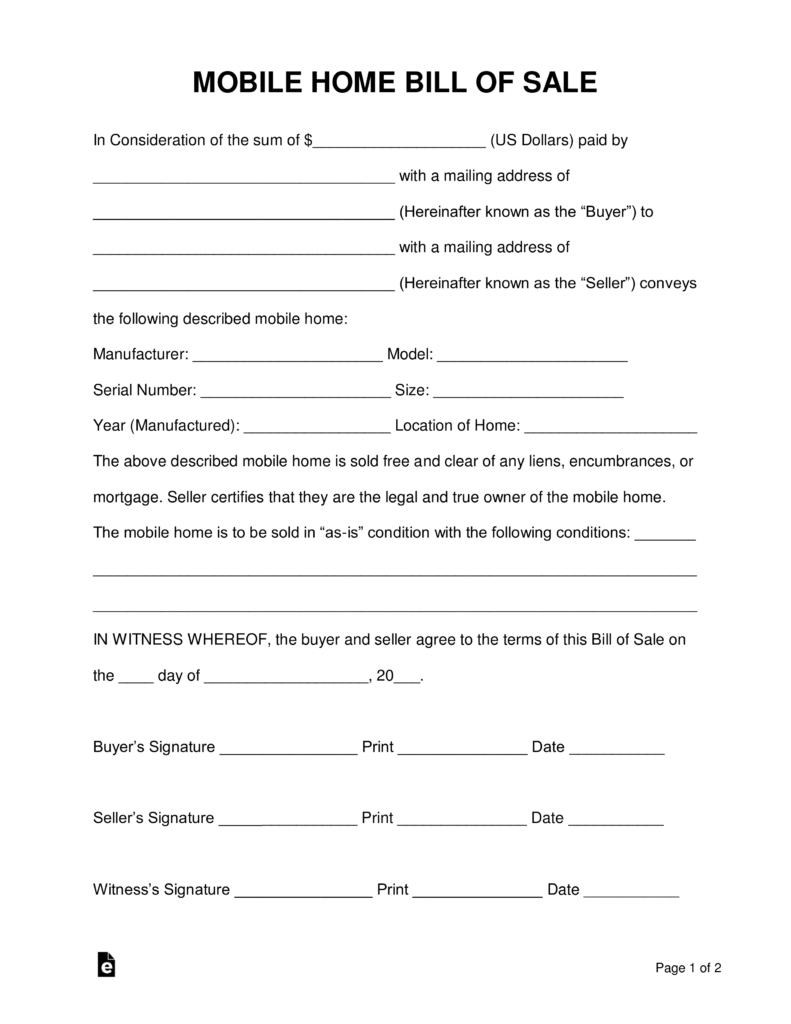 Free Mobile (Manufactured) Home Bill Of Sale Form - Word | Pdf - Free Printable Bill Of Sale For Mobile Home