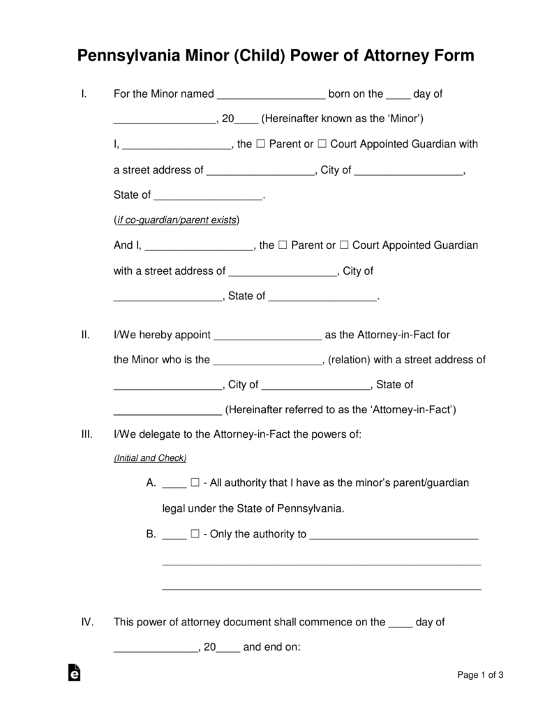 Free Pennsylvania Guardian Of Minor Power Of Attorney Form - Word - Free Printable Child Custody Papers