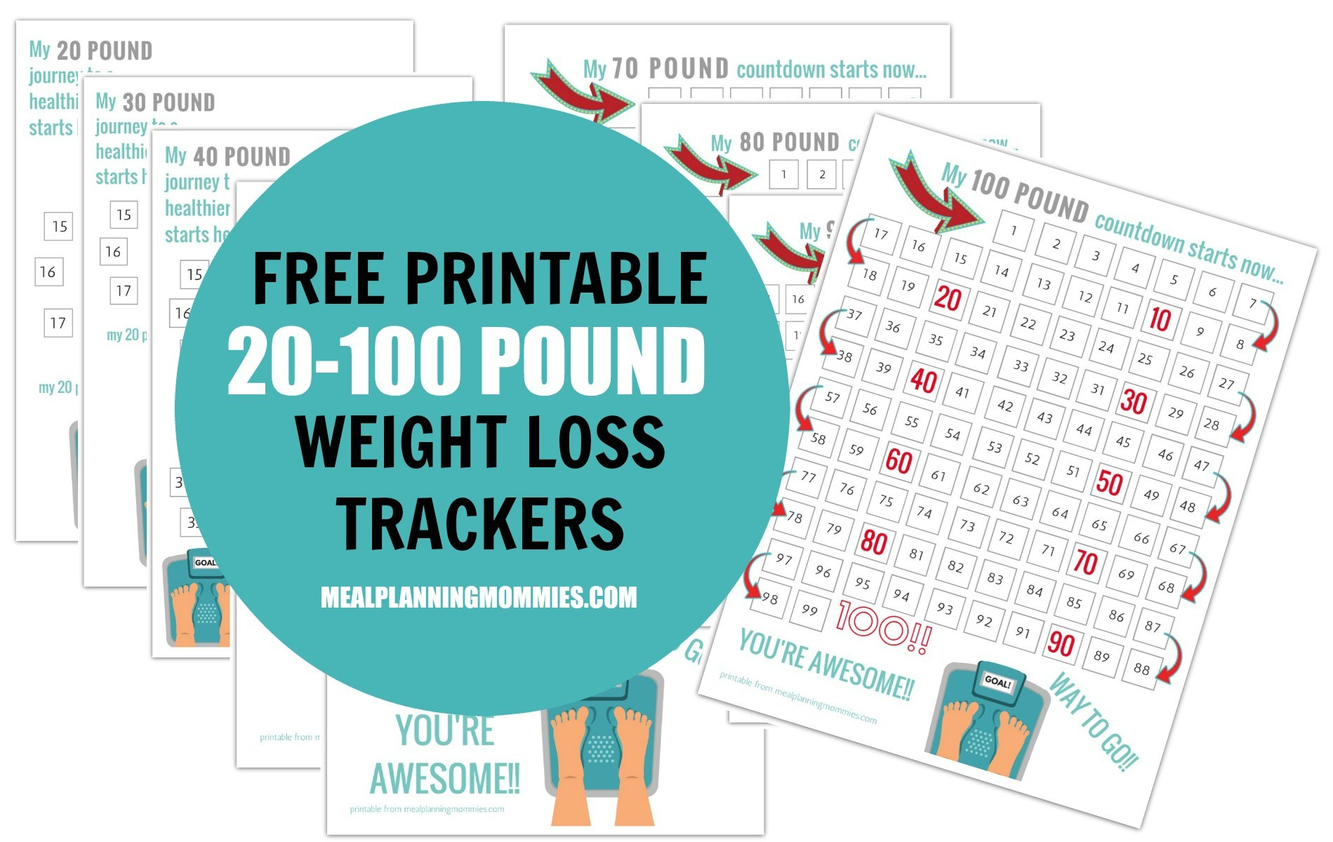 Free Printable 20-100 Pound Weight Loss Trackers - Meal Planning Mommies - Printable Weight Loss Charts Free