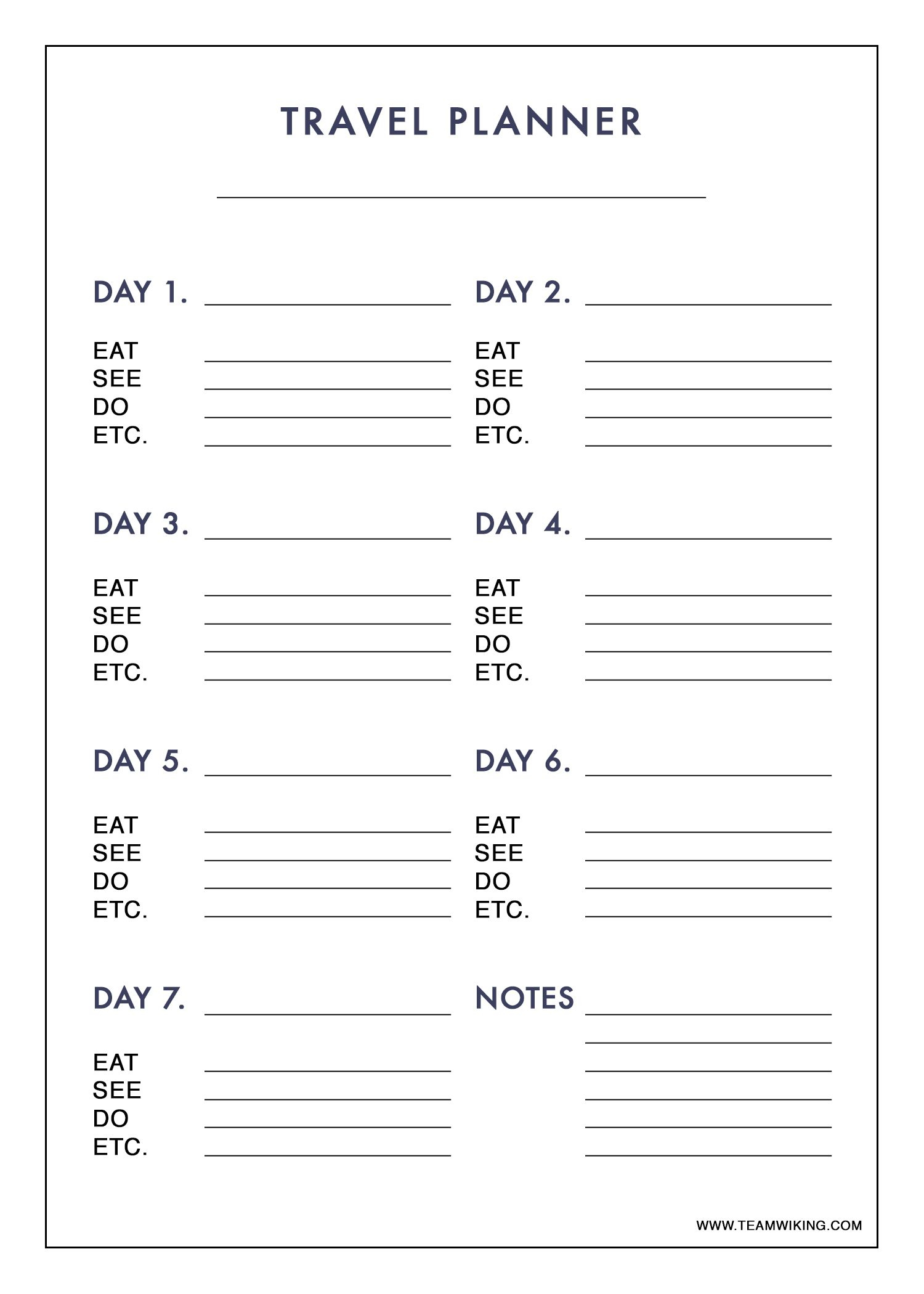 Free Printable 7 Day Travel Planner (Use To Plan Outfits - Packing - Free Printable Trip Planner