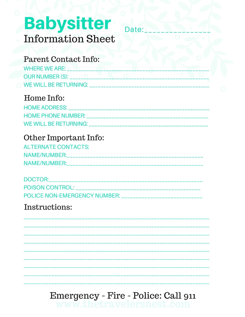 Free Printable: Babysitter Info Sheet - The Traveler&amp;#039;s Nest - Free Printable Parent Information Sheet