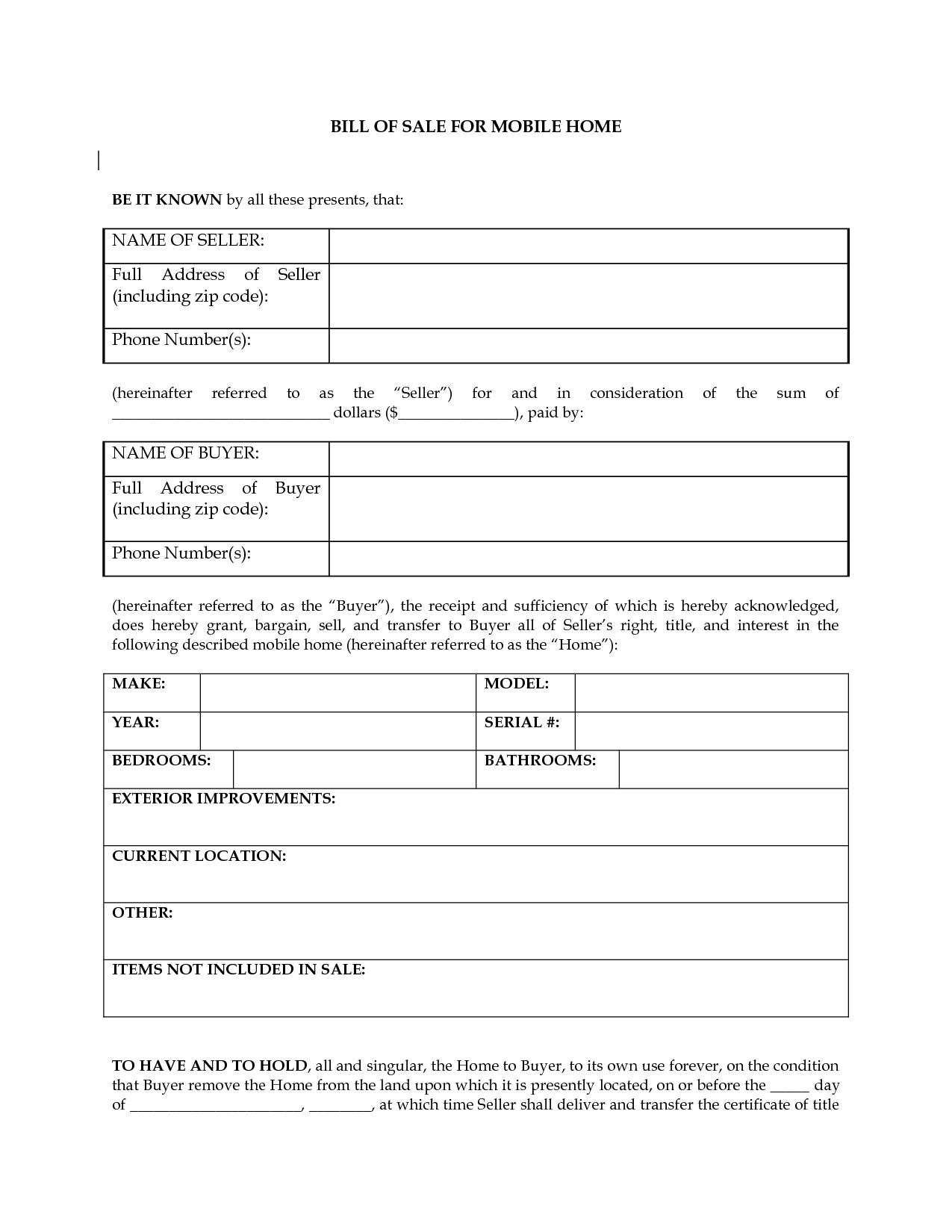 Free Printable Bill Of Sale Camper Form (Generic) - Free Printable Bill Of Sale For Mobile Home