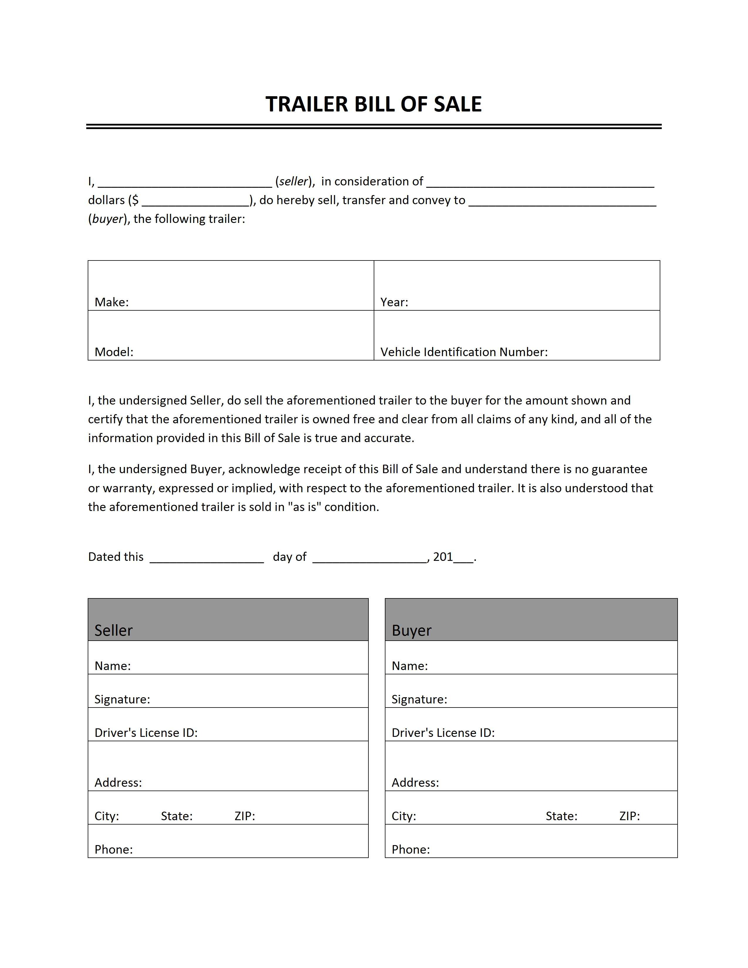 Free Printable Bill Of Sale Camper Form (Generic) - Free Printable Bill Of Sale