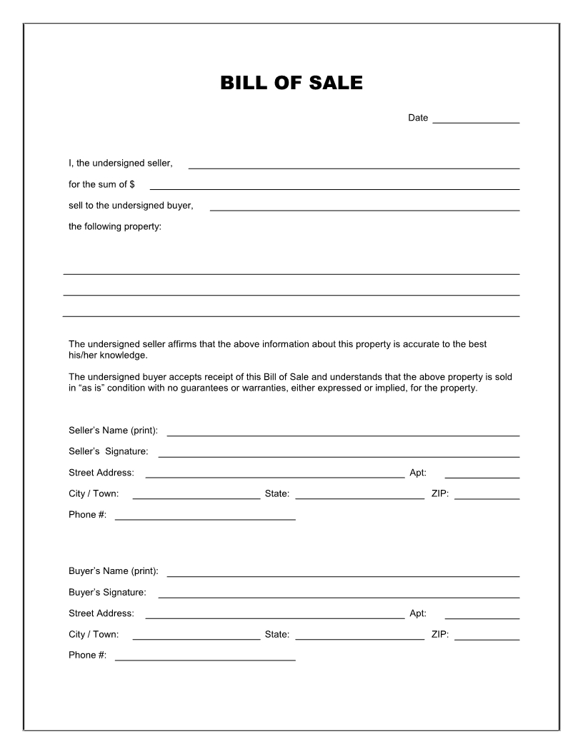 Free Printable Blank Bill Of Sale Form Template - As Is Bill Of Sale - Free Printable Automobile Bill Of Sale Template