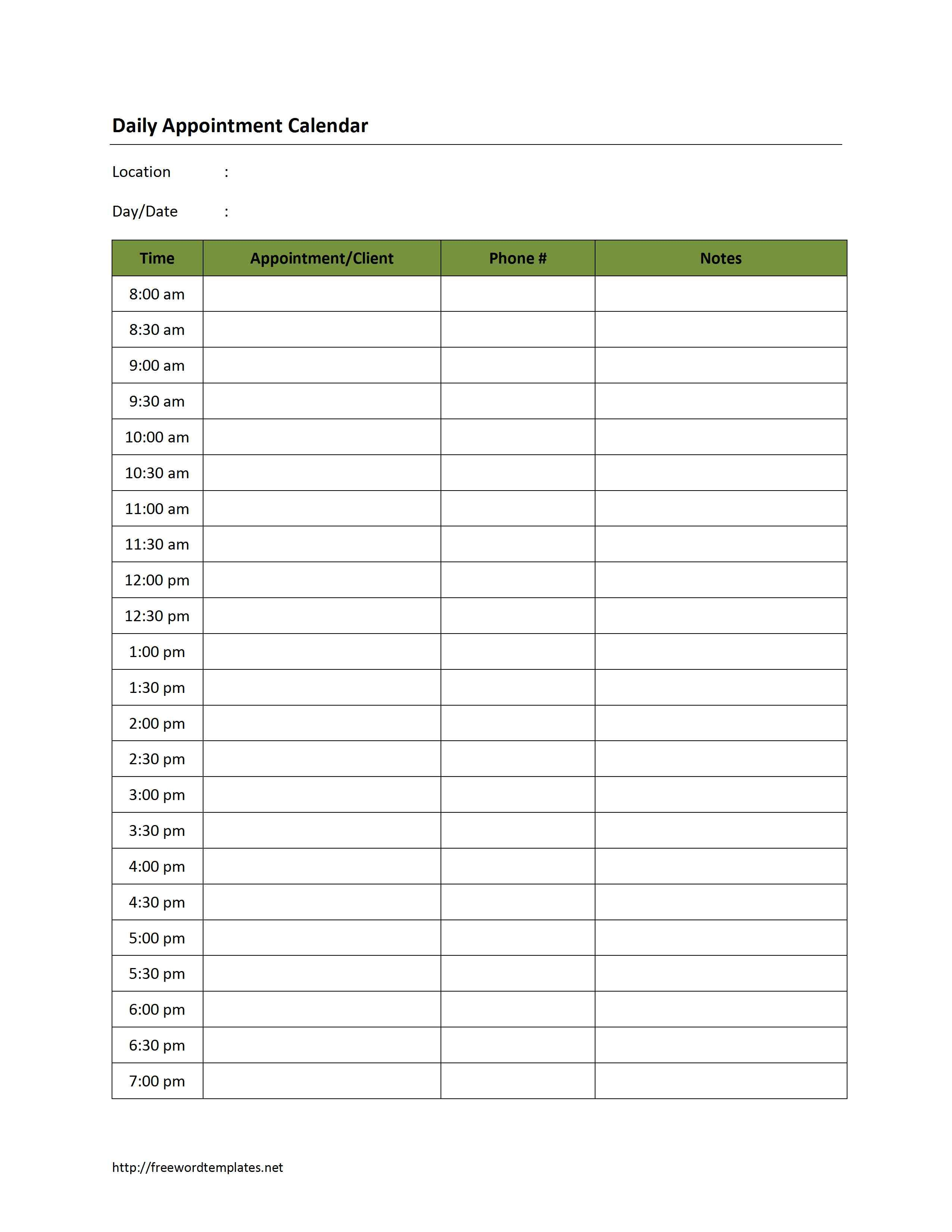 Free Printable Blank Daily Calendar | 181D Daily Appointment - Appointment Book Template Free Printable