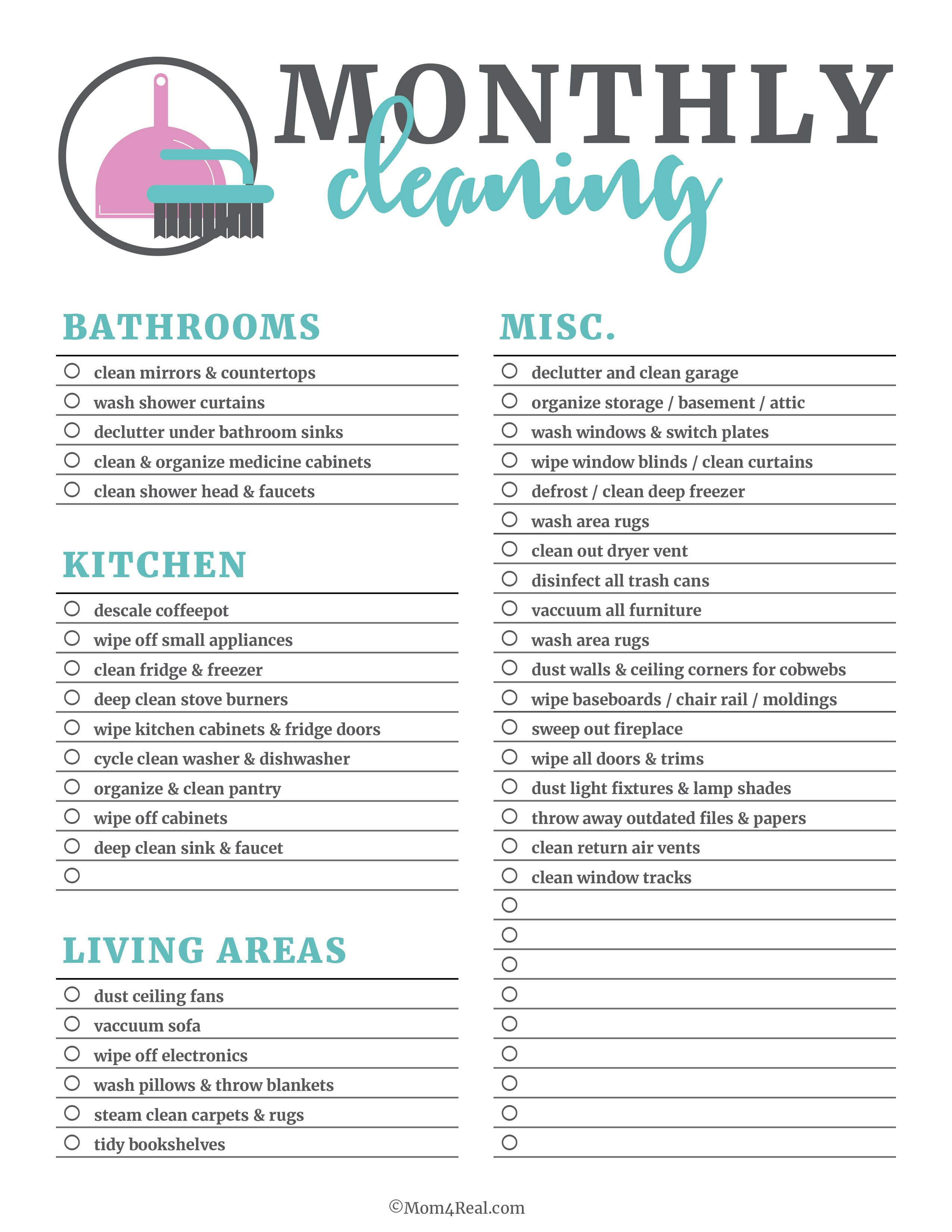 Free Printable Cleaning Checklists | Around The House - Cleaning - Free Printable Housework Checklist