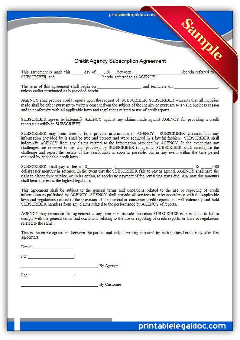 Free Printable Credit Agency Subscription Agreement | Sample - Free Printable Legal Documents