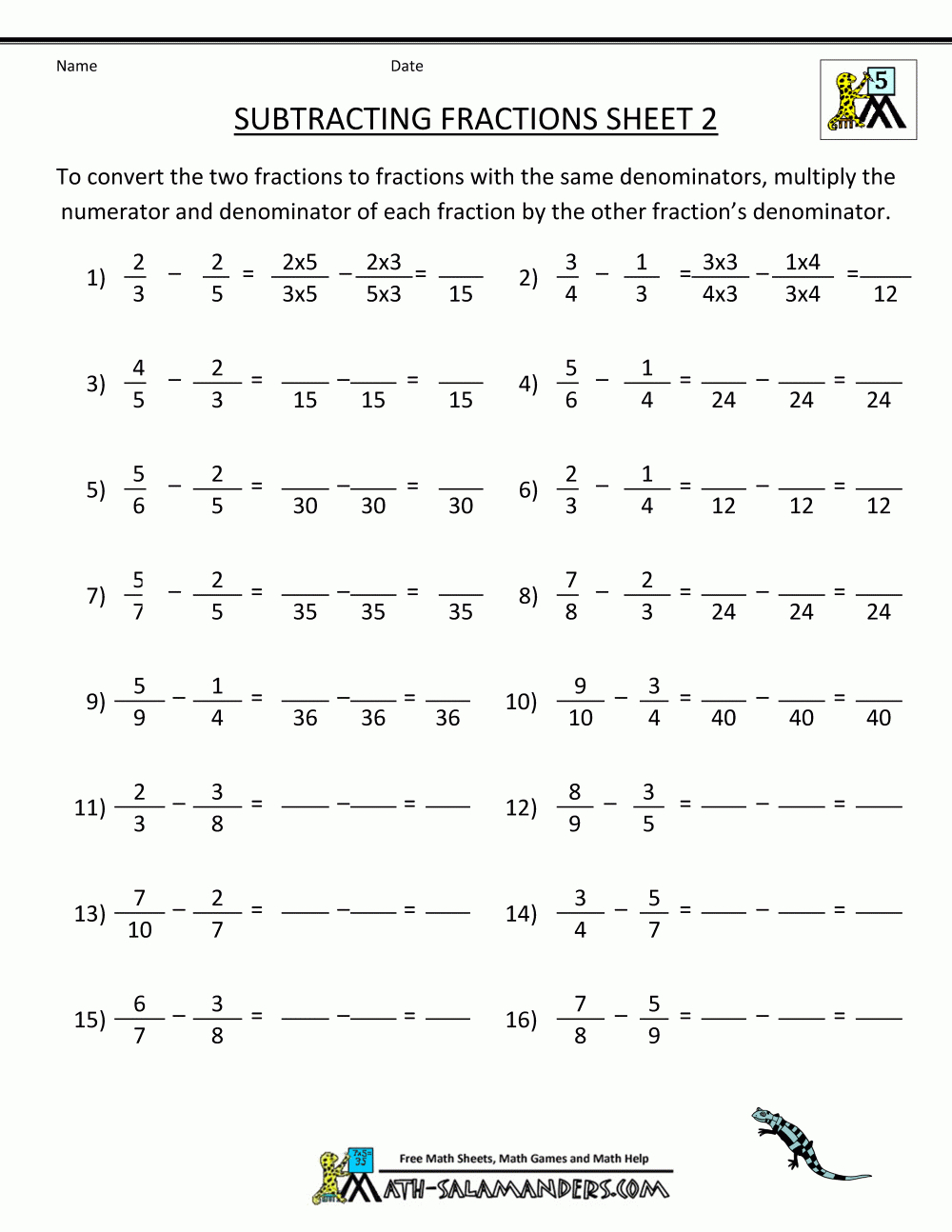 Free Printable Fraction Worksheets Subtracting Fractions 2 | Math - Free Printable Fraction Worksheets