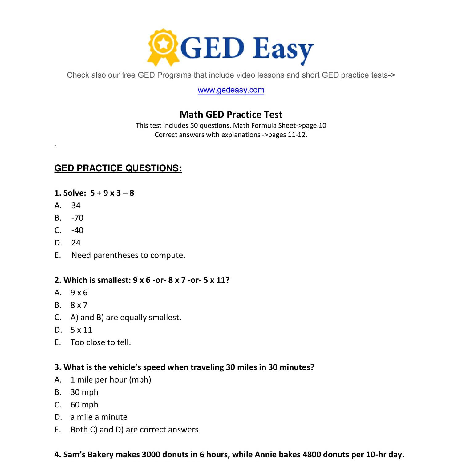 free ged math practice questions