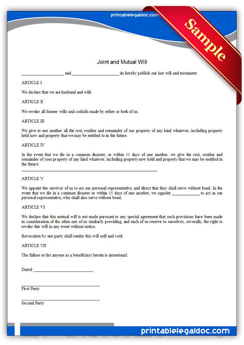 Free Printable Joint And Mutual Will | Sample Printable Legal Forms - Free Printable Will Papers