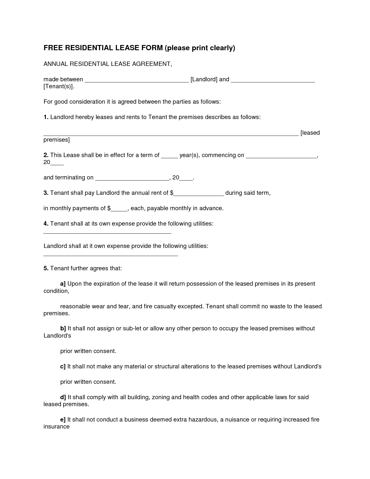 Free Printable Lease And Rental Agreement Template With Blank Form - Free Printable Lease