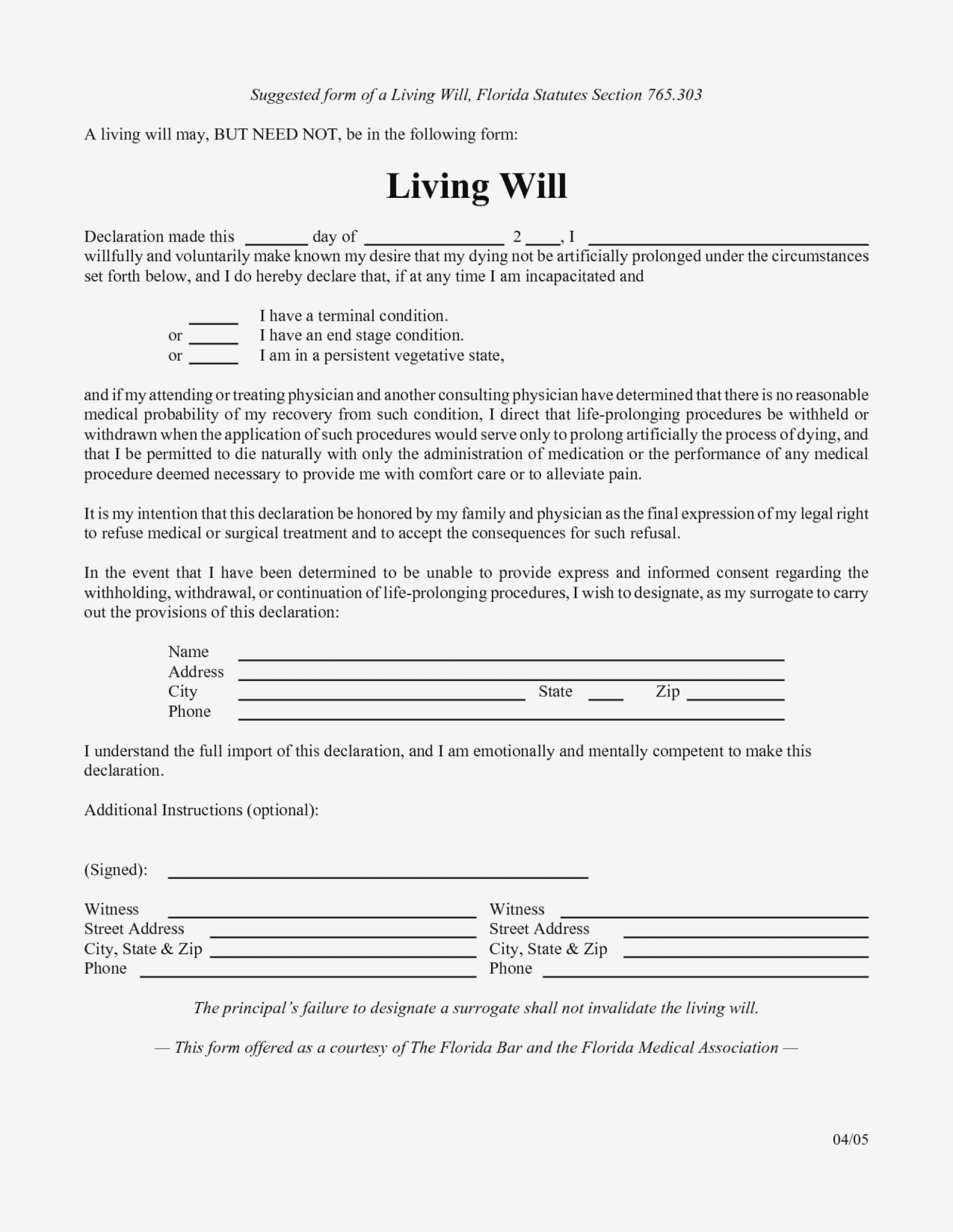 Free Printable Living Will Forms Florida 10 To Print Form .. – Form - Free Printable Living Will