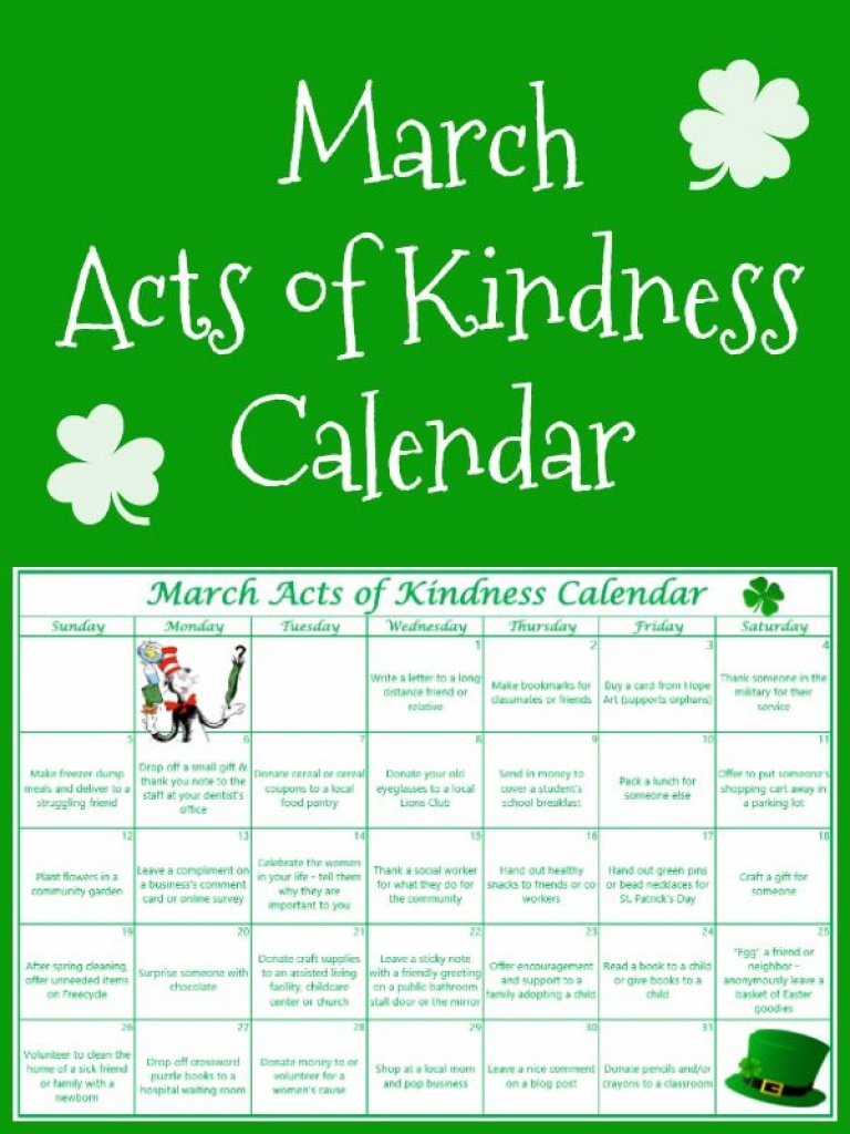 Free Printable March Acts Of Kindness Calendar | 30 Must Follow - Free Printable March Activities