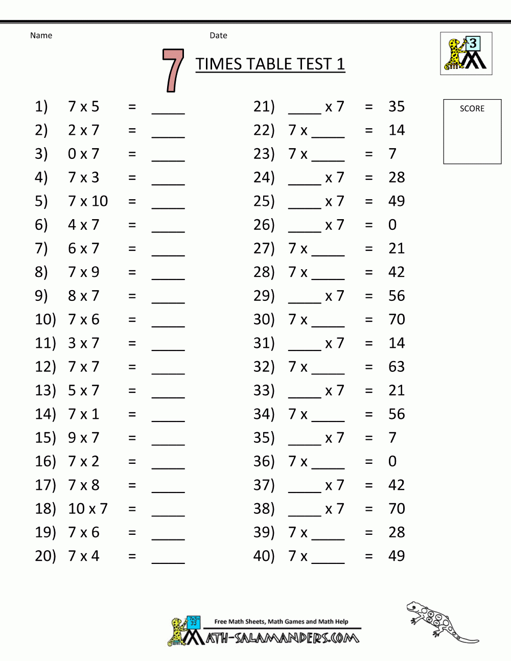 Free Printable Math Sheets 7 Times Table Test 1 | Korrutustabel - Free Printable Math Worksheets For Adults