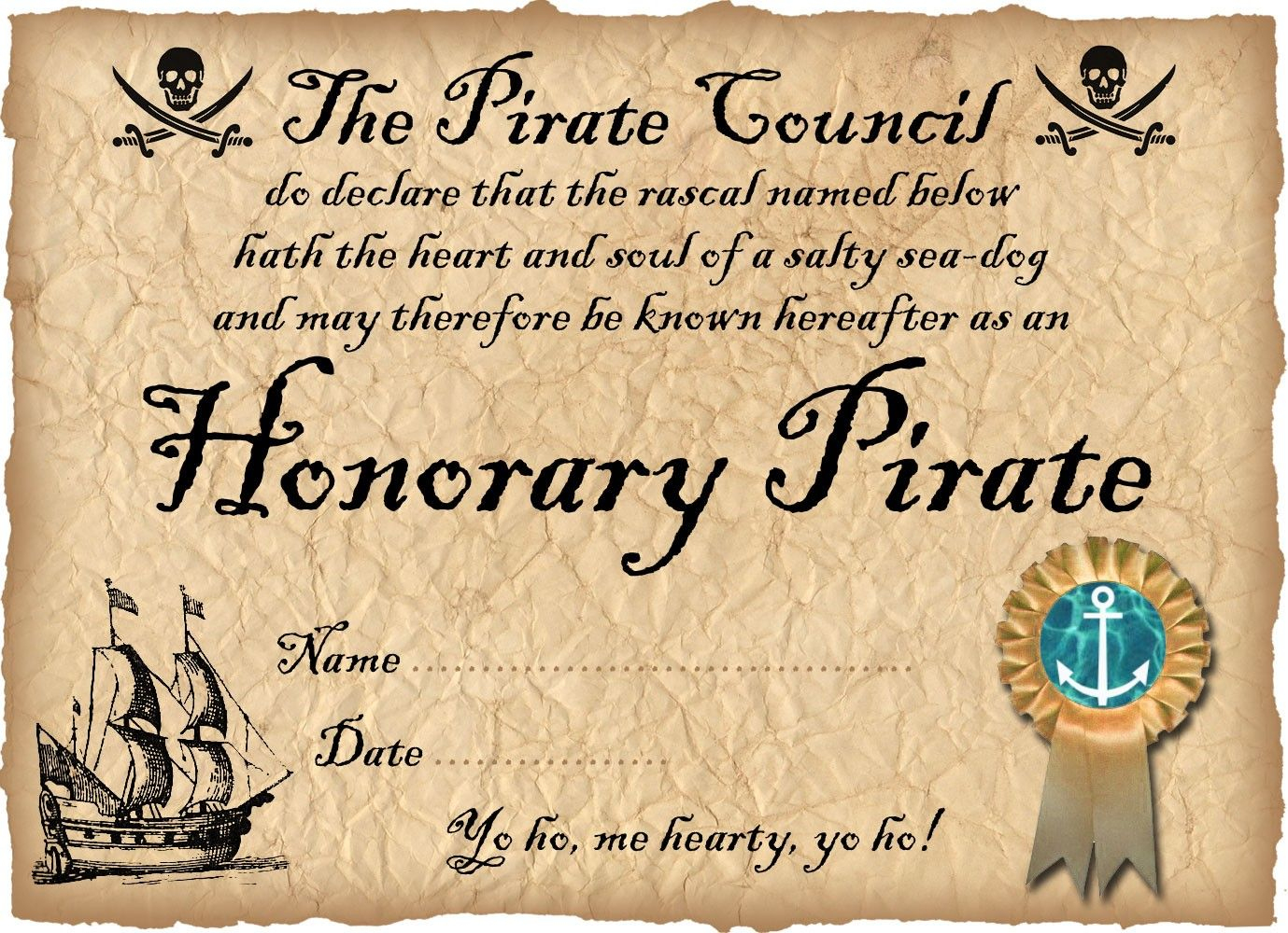 Free Printable Pirate Certificate: Honorary Pirate. Can Be - Free Printable Swimming Certificates For Kids