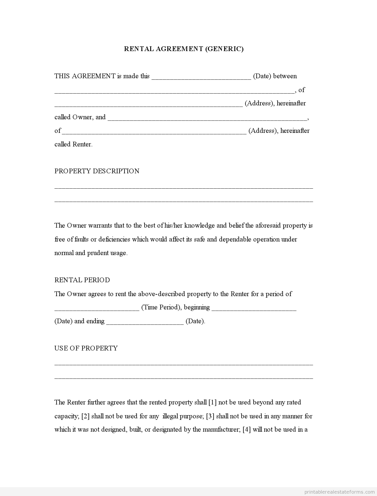 Free Printable Rental Agreement | Rental Agreement (Generic)0001 - Free Printable Rental Agreement
