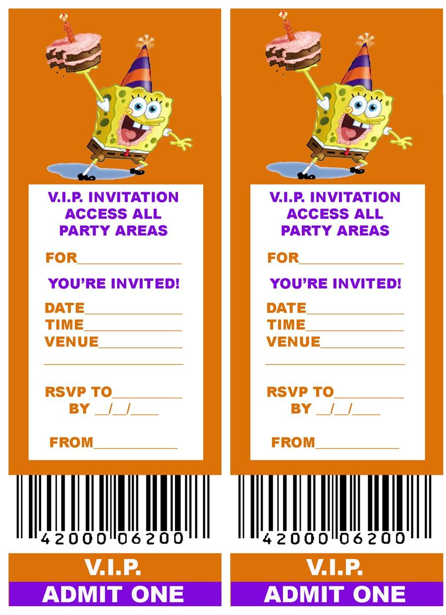 Free, Printable V.i.p. Ticket Style Spongebob Party Invitations - Spongebob Free Printable Invitations