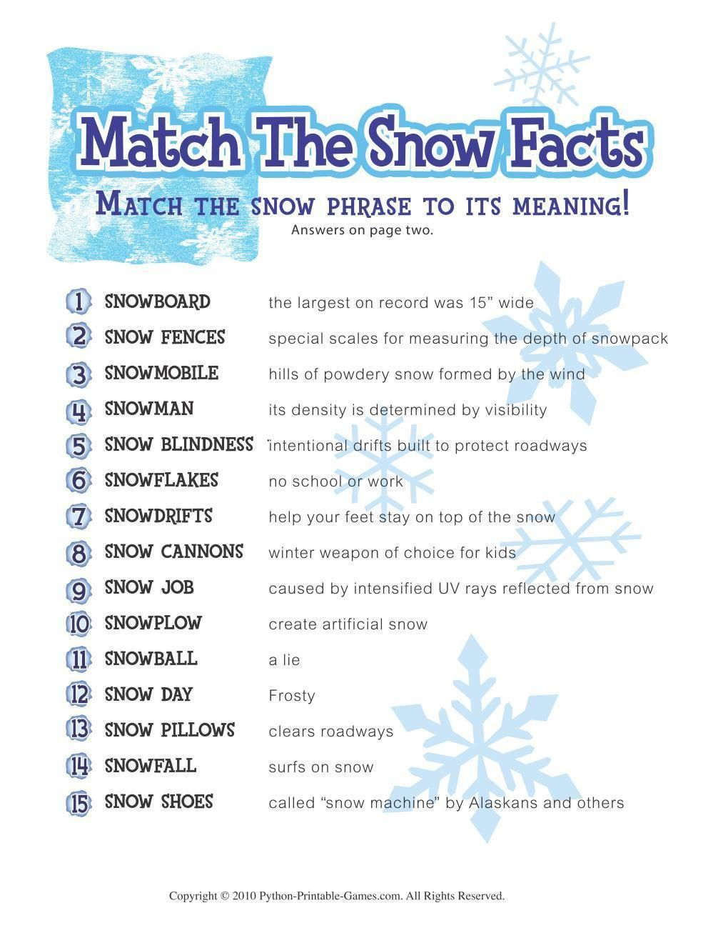 Free Printable Winter Game Match The Snow Facts Download | Winter - Free Printable Trivia Questions For Seniors