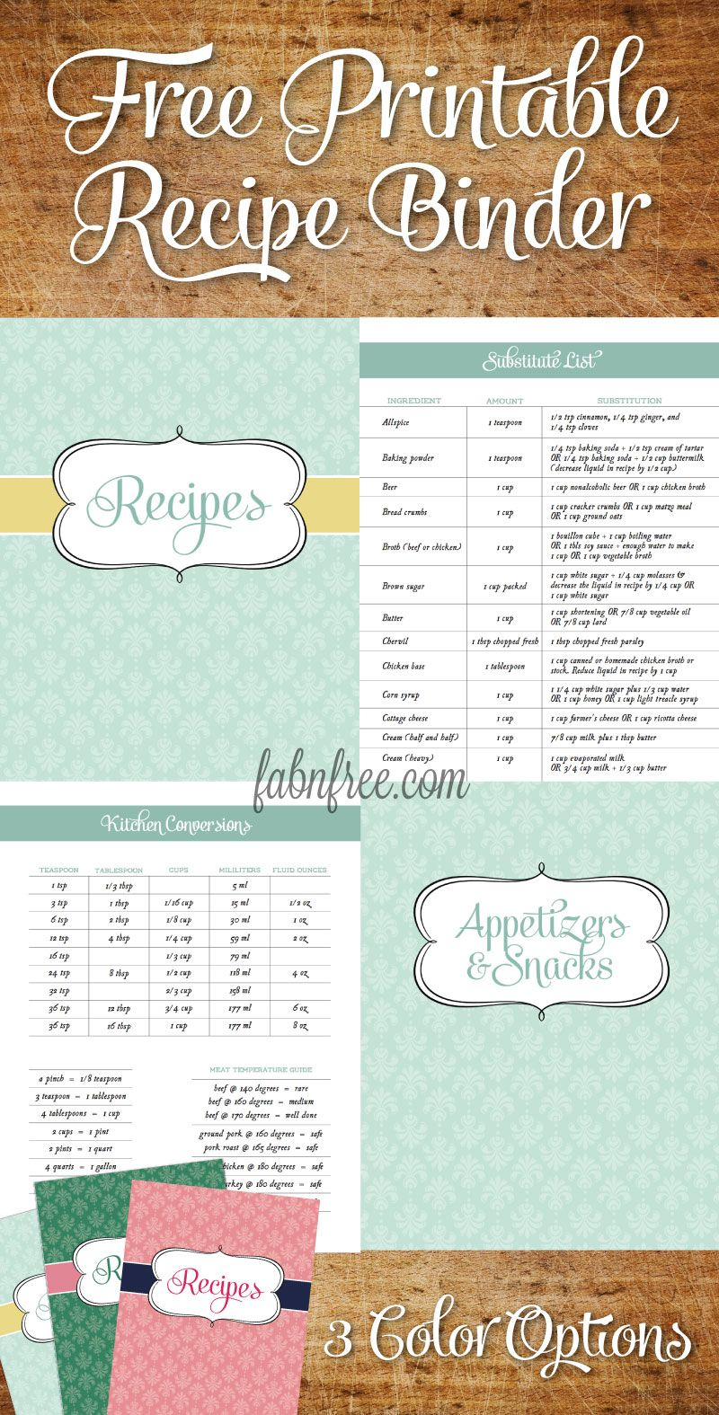 Free Recipe Binder In 3 Color Options | Recipe Binder Ideas - Free Printable Recipe Book Pages
