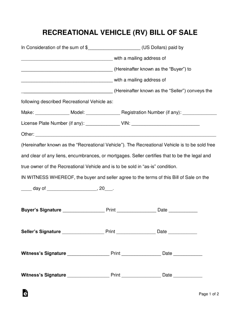 Free Recreational Vehicle (Rv) Bill Of Sale Form - Word | Pdf - Free Printable Legal Documents