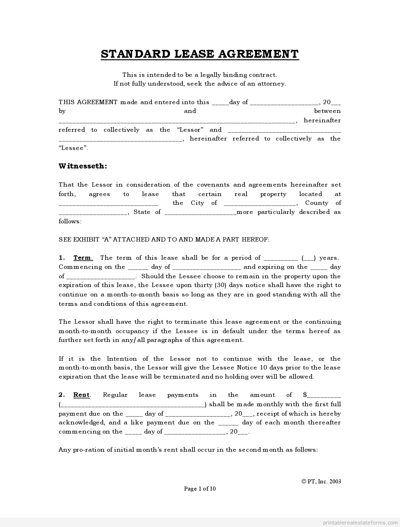 Free Rental Agreements To Print | Free Standard Lease Agreement Form - Free Printable Lease Agreement Pa