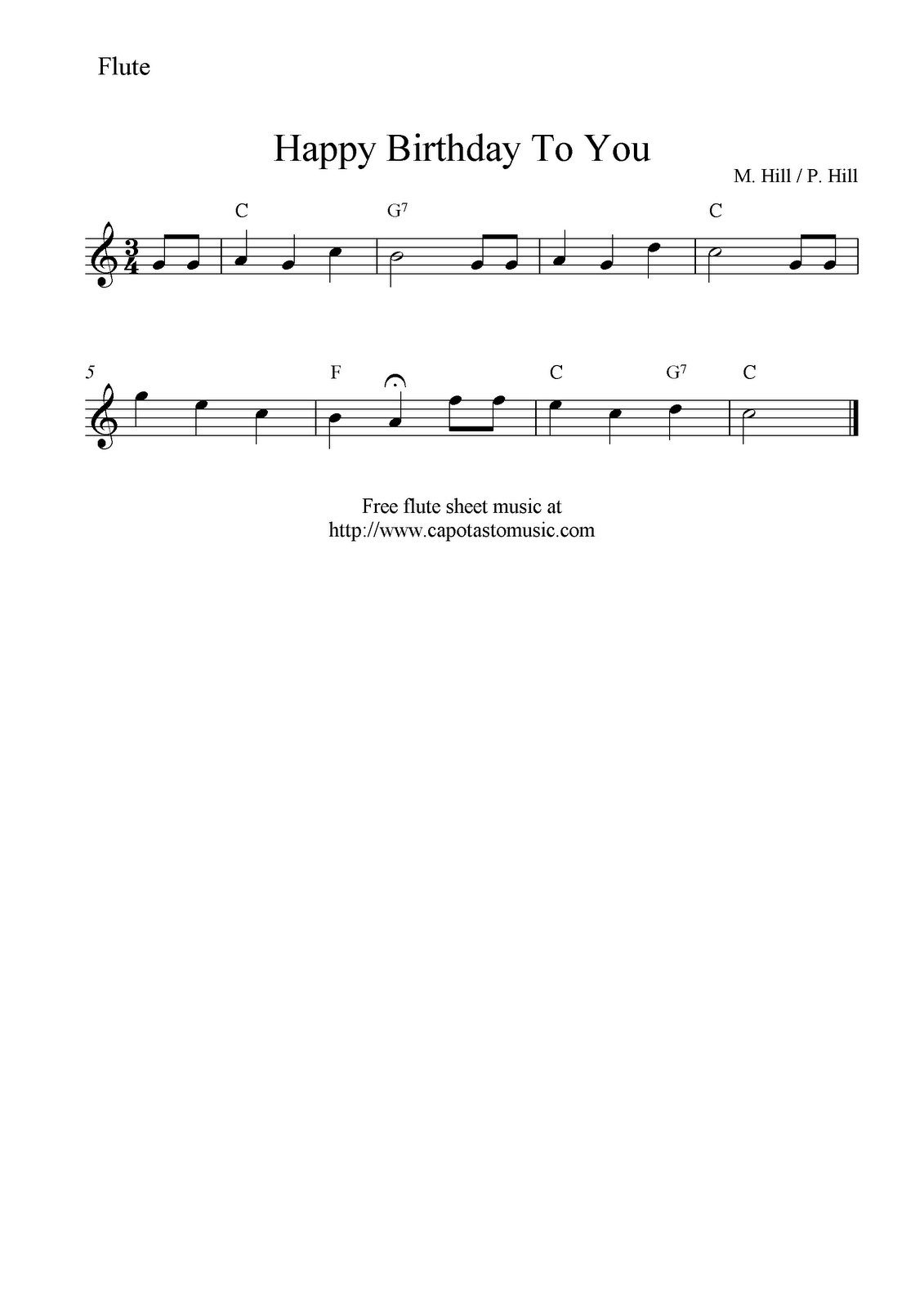 Free Sheet Music Scores: Happy Birthday To You, Free Flute Sheet - Free Printable Flute Music