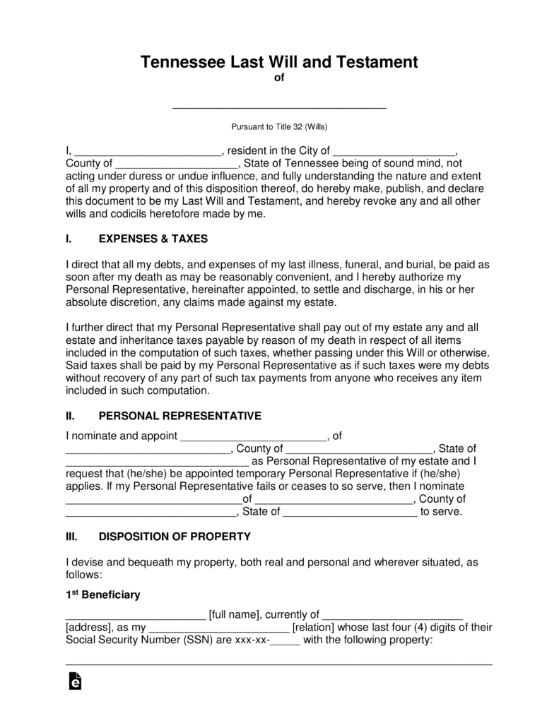 Free Tennessee Last Will And Testament Template - Pdf | Word - Free Printable Wills