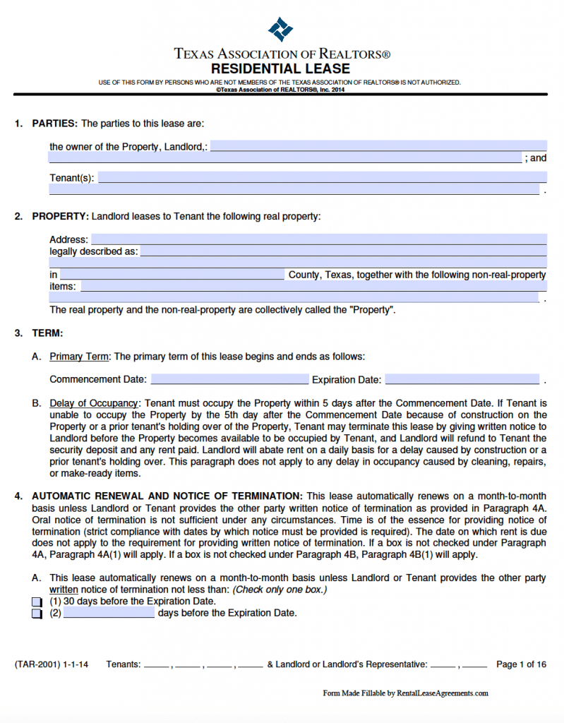 Free Texas Standard Residential Lease Agreement Template – Pdf – Word - Free Printable Lease Agreement Texas