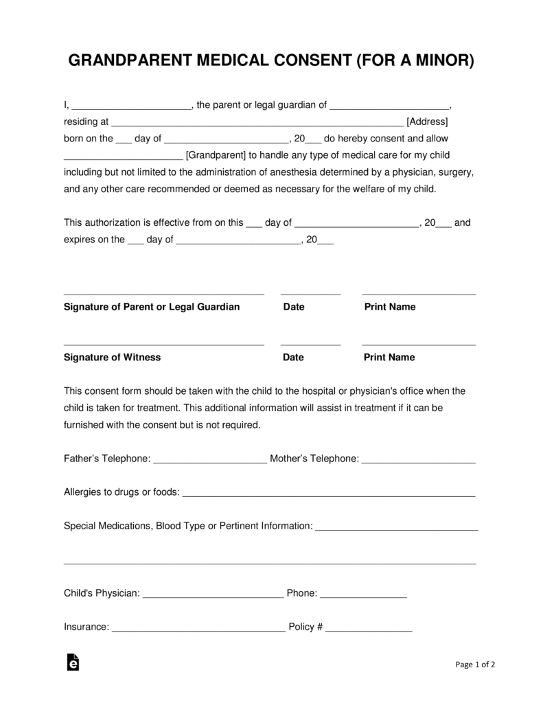 Grandparents&amp;#039; Medical Consent Form – Minor (Child) | Eforms – Free - Free Printable Medical Release Form