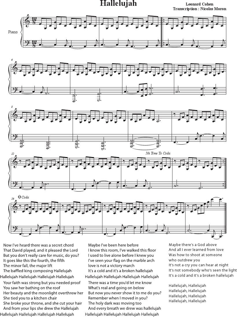 Hallelujah Piano Sheet Music | 악보 | Pinterest | Piano Sheet Music - Free Printable Piano Sheet Music For Hallelujah By Leonard Cohen