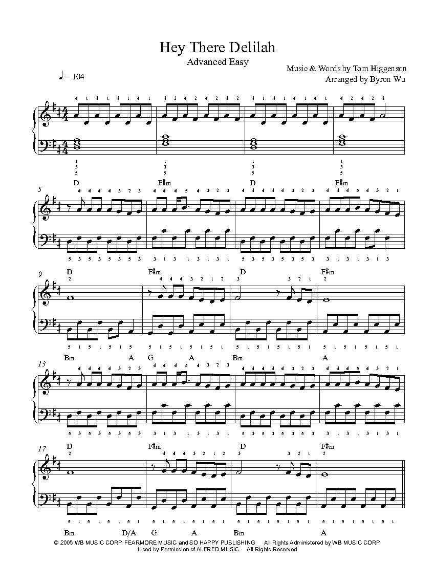Hey There Delilahplain White T&amp;#039;s Piano Sheet Music | Advanced Level - Dynamite Piano Sheet Music Free Printable