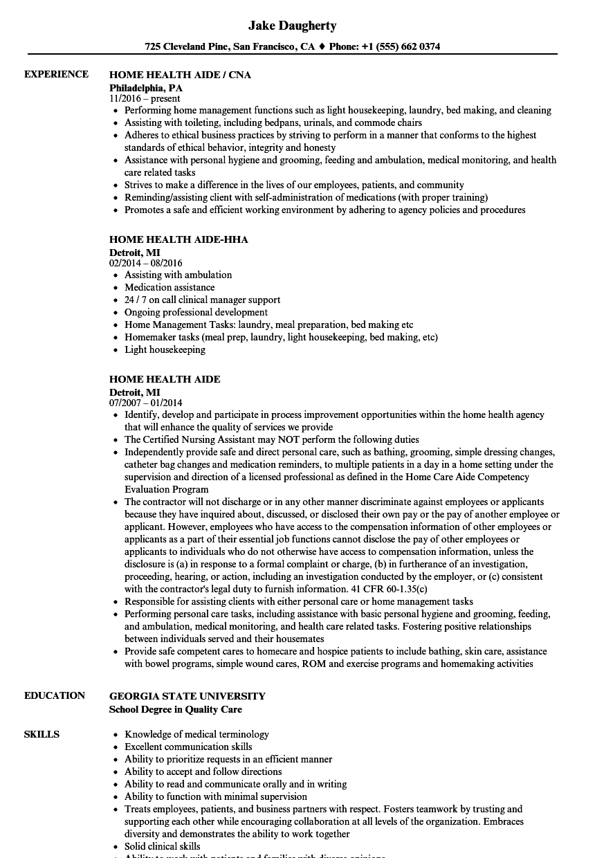 Home Health Aide Resume Samples | Velvet Jobs - Free Printable Inservices For Home Health Aides
