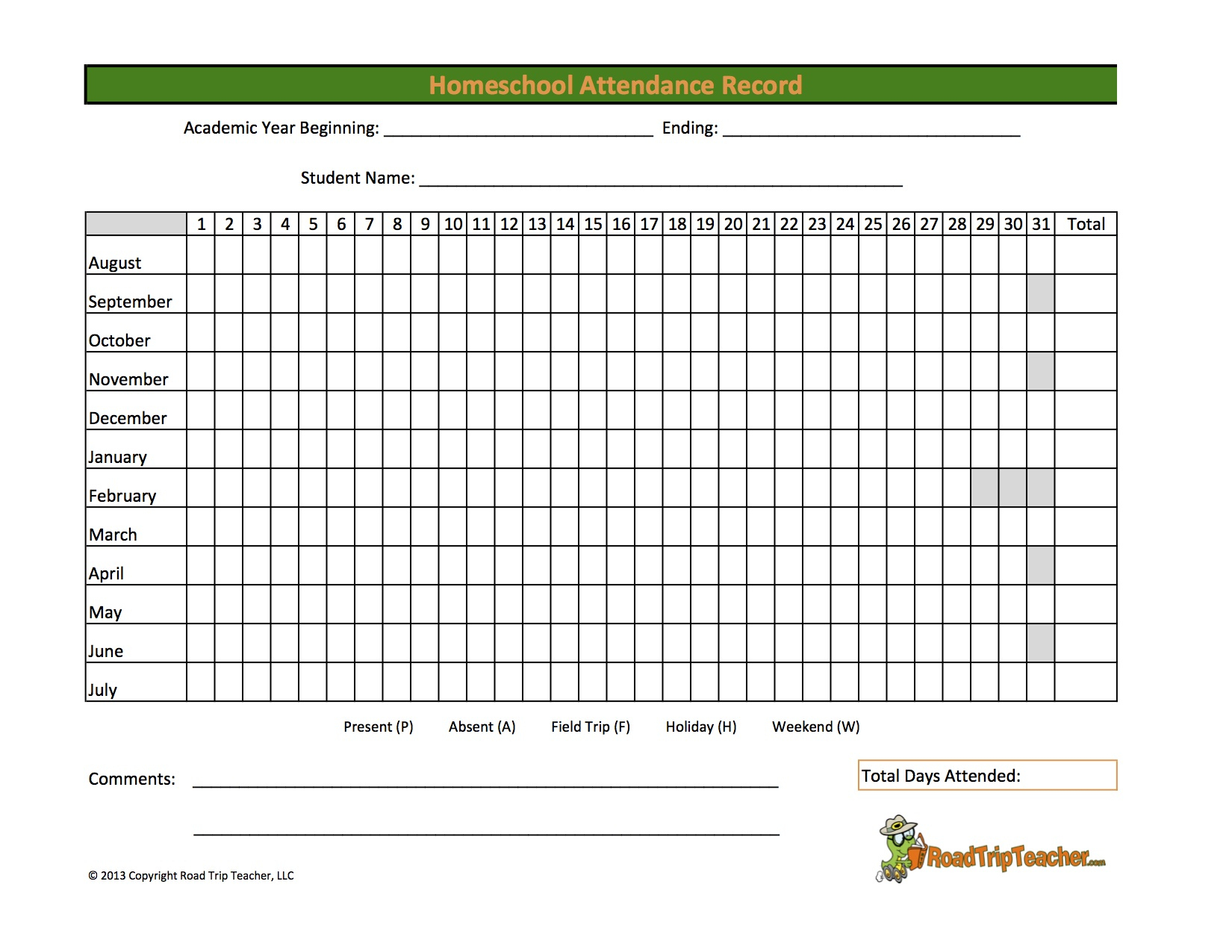Homeschool Attendance Record - Family Educational Resources | Road - Free Printable Attendance Sheets For Homeschool