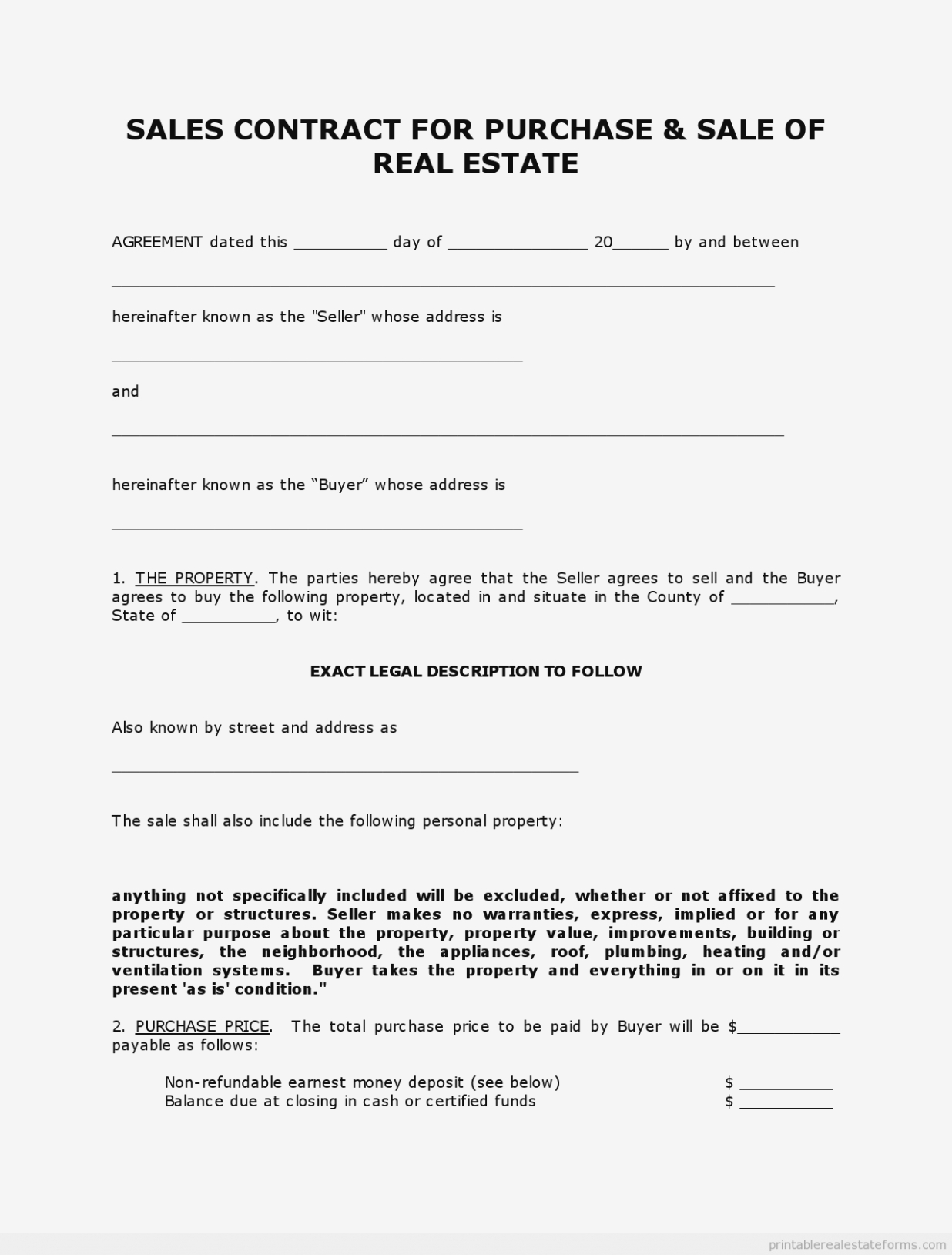 Indiana Real Estate Purchase Agreement 10 Simple Free Printable - Free Printable Real Estate Forms