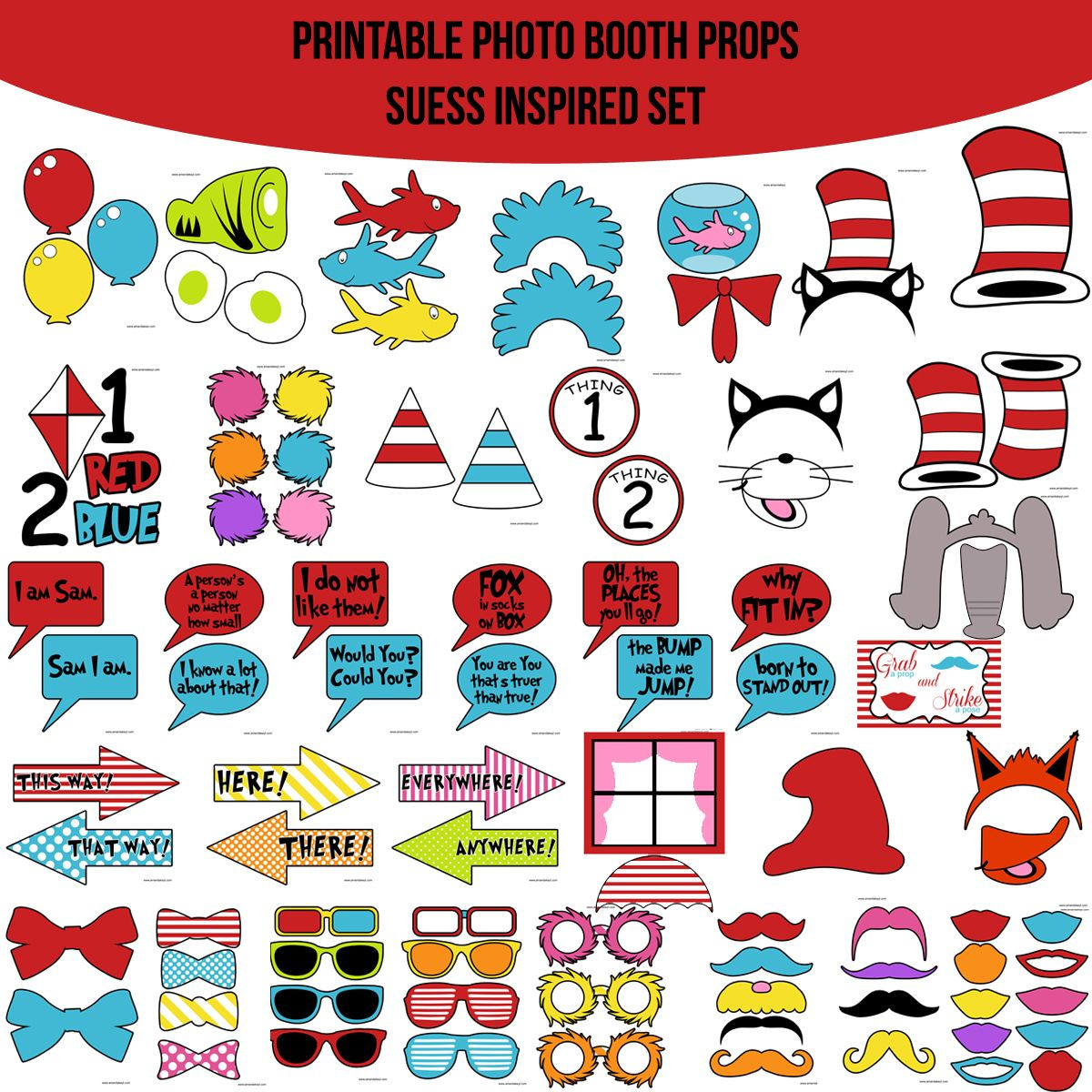 Instant Download Dr. Suess Inspired Printable Photo Booth Prop Set - Free Printable Dr Seuss Photo Props