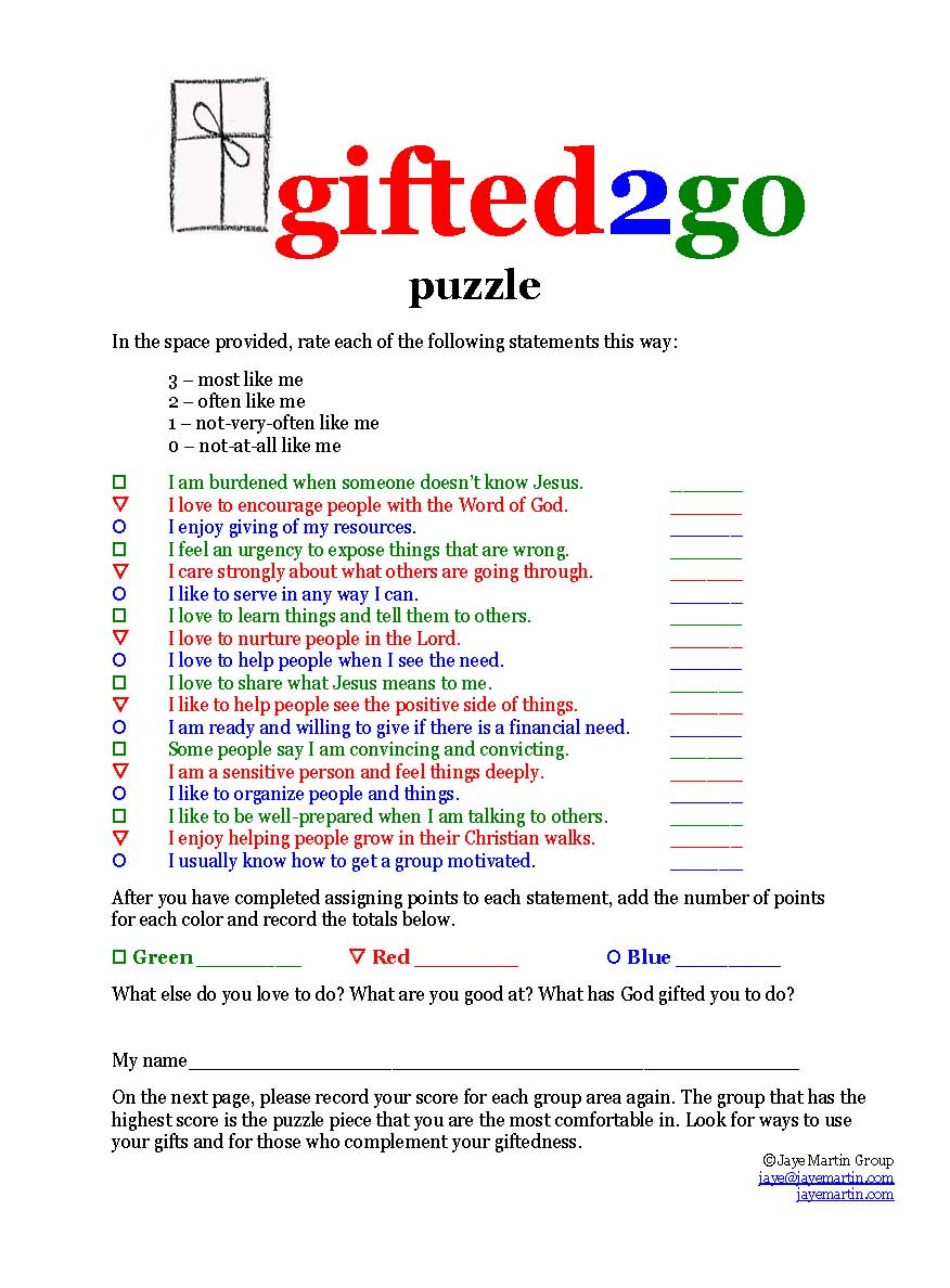 Jaye Martin Ministries Blog: Gifted2Go Puzzle - Free Printable Spiritual Gifts Inventory