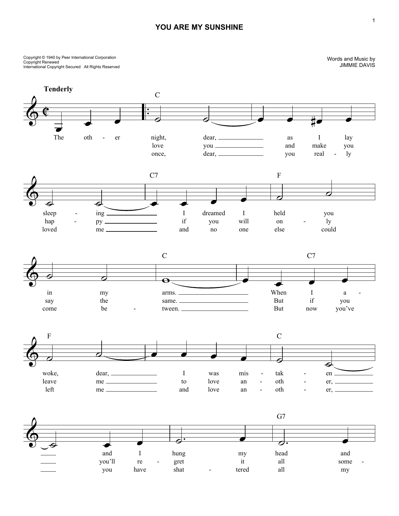 Jimmie Davis &amp;quot;you Are My Sunshine&amp;quot; Sheet Music Notes, Chords - Free Printable Piano Sheet Music For You Are My Sunshine