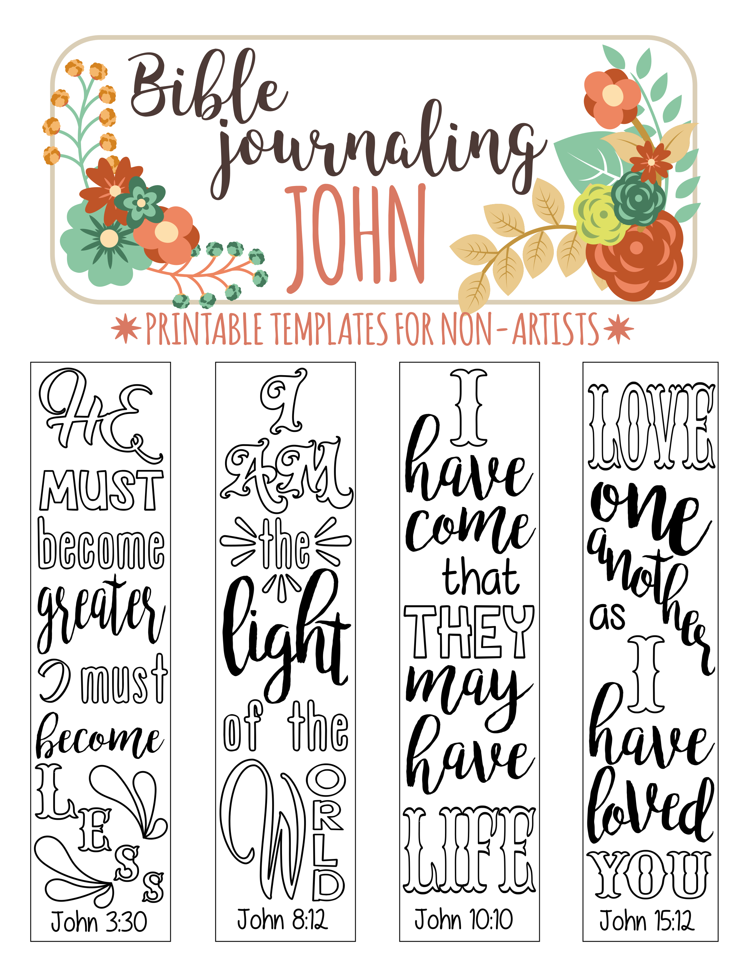 John - 4 Bible Journaling Printable Templates, Illustrated Christian - Free Printable Bible Bookmarks Templates