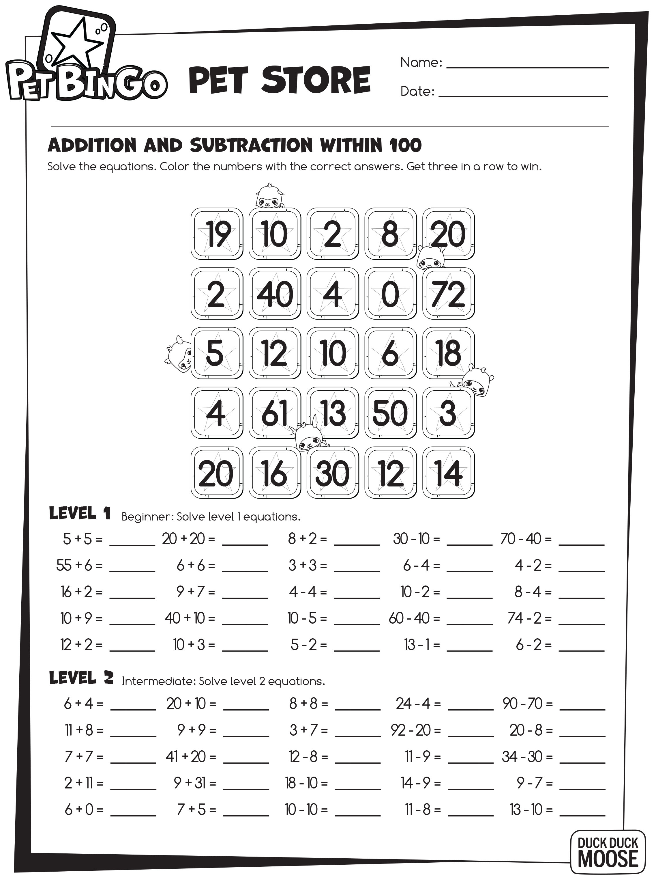 Keep On Learning! Pet Bingo Free Printable Worksheets. | Duck Duck Moose - Math Bingo Free Printable