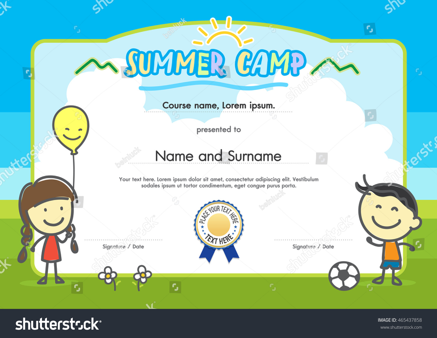 Kids Summer Camp Certificate Document Template Stock Vector (Royalty - Free Printable Camp Certificates