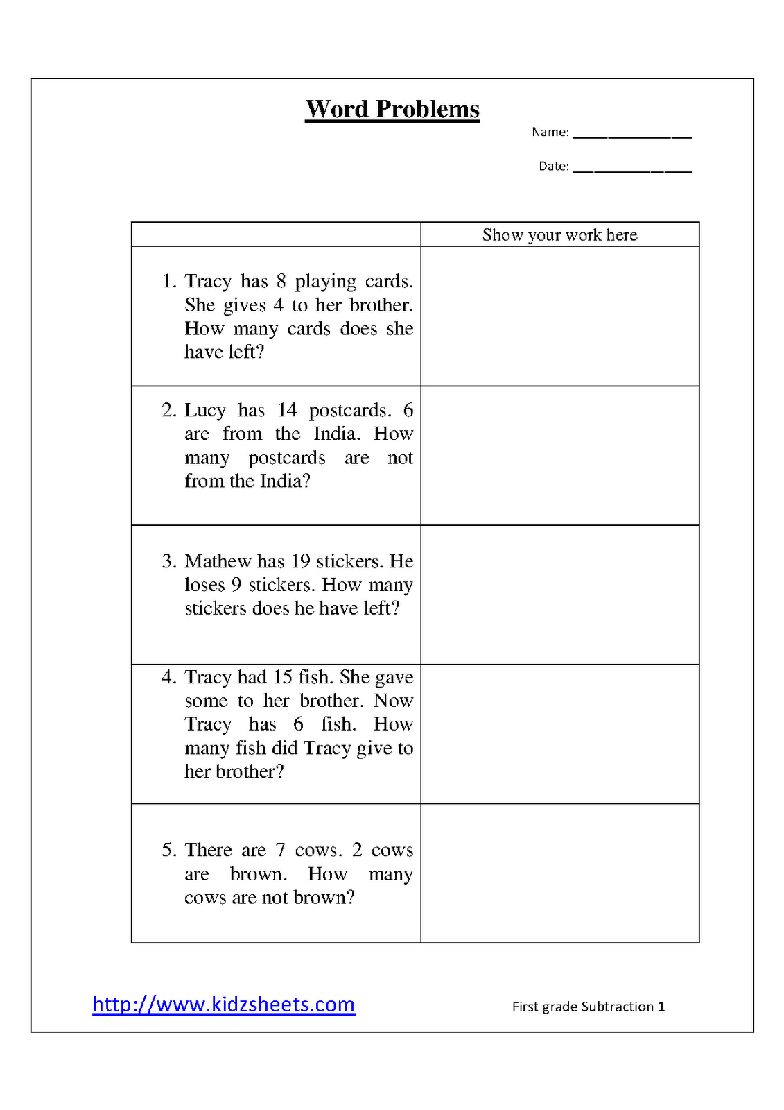 Kidz Worksheets: First Grade Word Problems1 - Free Printable Math Worksheets Word Problems First Grade