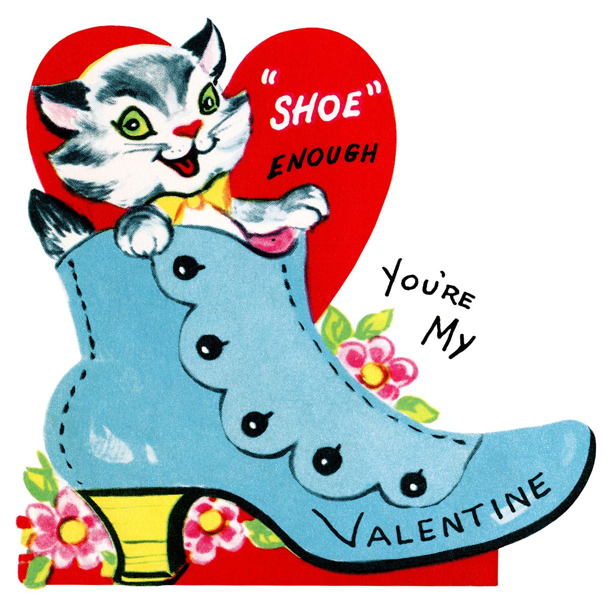 Kitten In Shoe Valentine, Vintage Valentine Clip Art, Retro - Free Printable Valentine Graphics