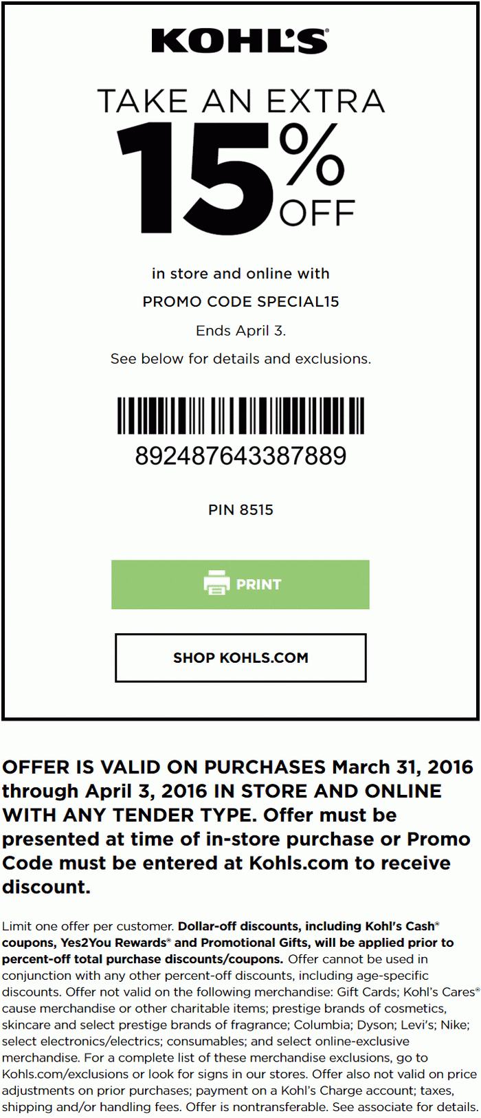 Kohl&amp;#039;s Coupon: 15% Off Your Kohl&amp;#039;s Store Purchase | Kohl&amp;#039;s Coupons - Free Printable Footlocker Coupons